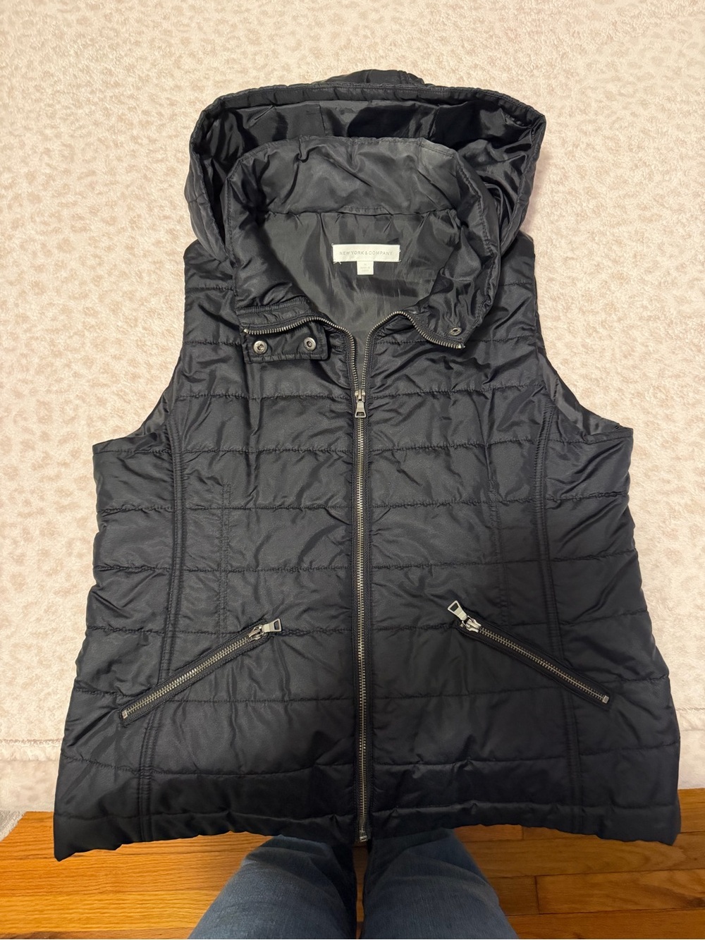 New York & Company Black Quilted Hooded Vest